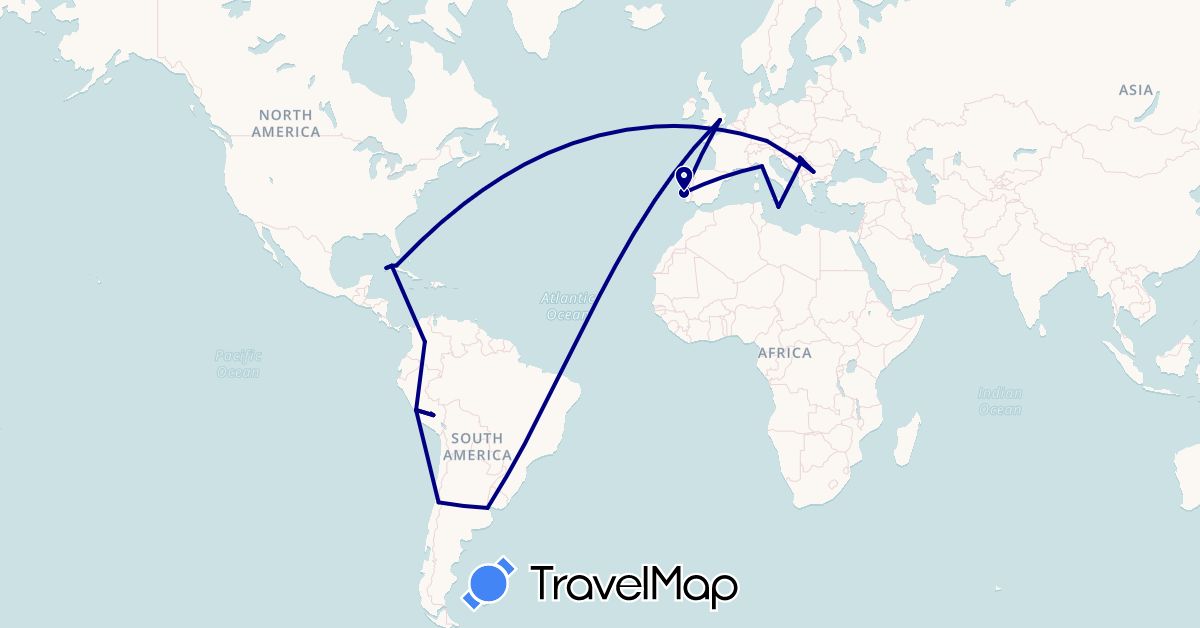 TravelMap itinerary: driving in Argentina, Bulgaria, Chile, Colombia, Cuba, Germany, United Kingdom, Italy, Malta, Peru, Portugal, Serbia (Europe, North America, South America)